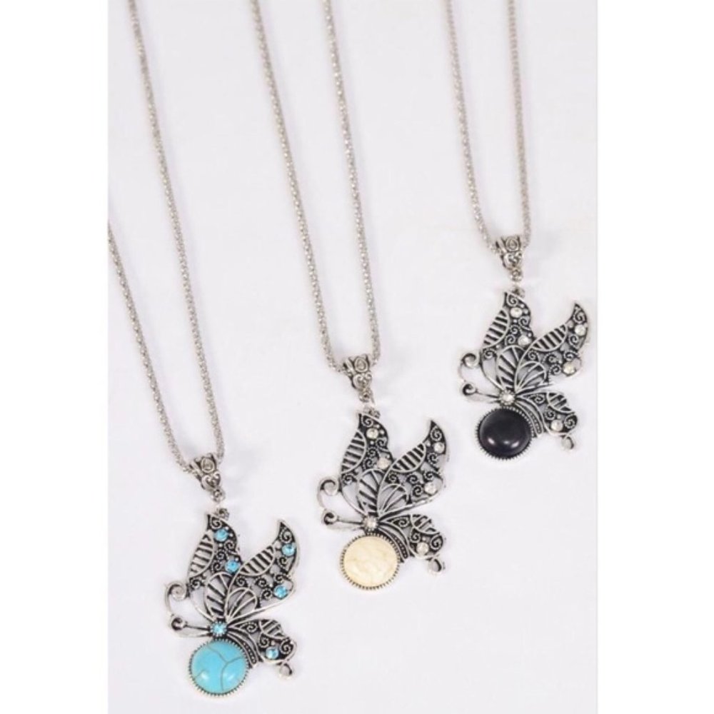 Silver Chain Butterfly Semiprecious Necklace